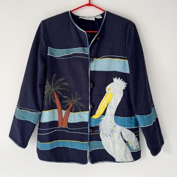90s vintage blue novelty tropical bird vacation embroidered patchwork jacket - Picture 1 of 10
